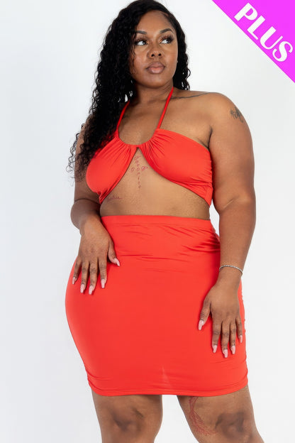 Plus Size Sexy Solid Crisscross Halter Top & Ruched Mini Skirt Set in vibrant red, perfect for curves and comfort.