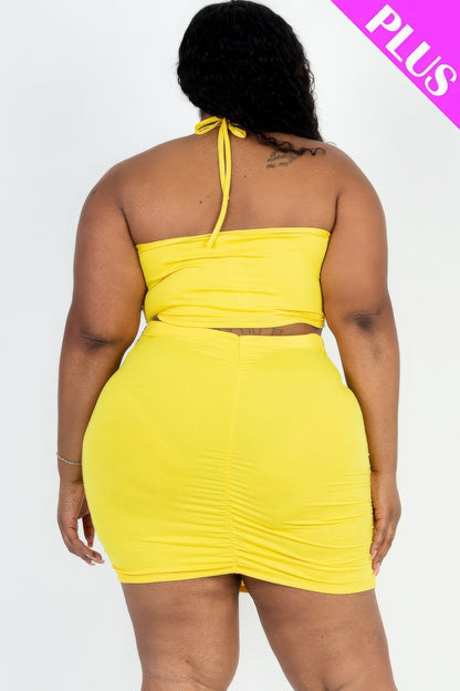 Plus Size Yellow Crisscross Halter Top & Ruched Mini Skirt Set Back View