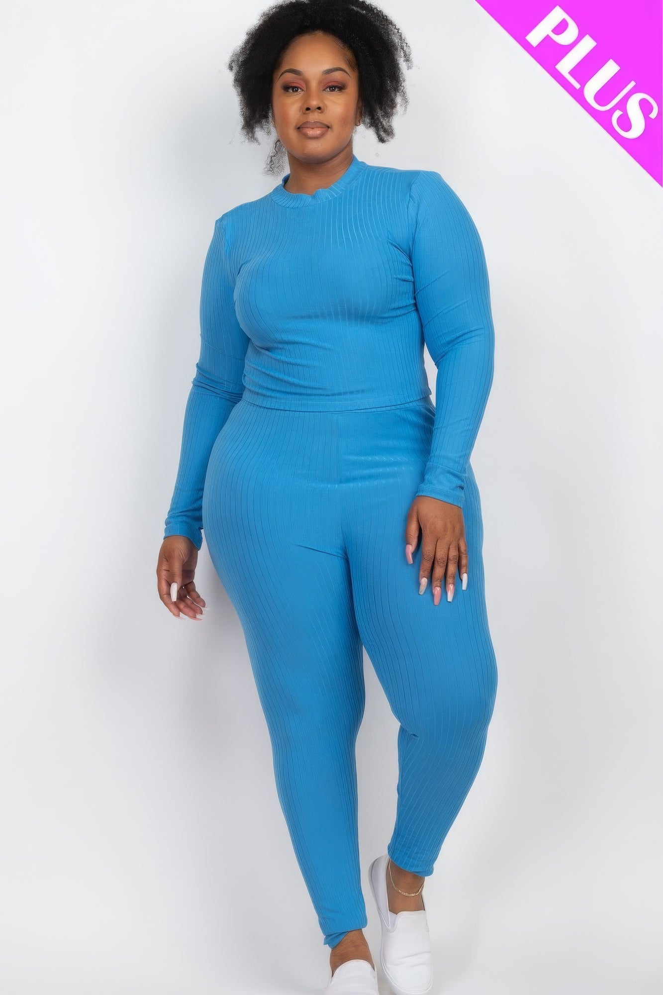 Plus size ribbed mock neck long sleeve top and leggings set in blue, showcasing comfortable and stylish high-stretch knit fabric.