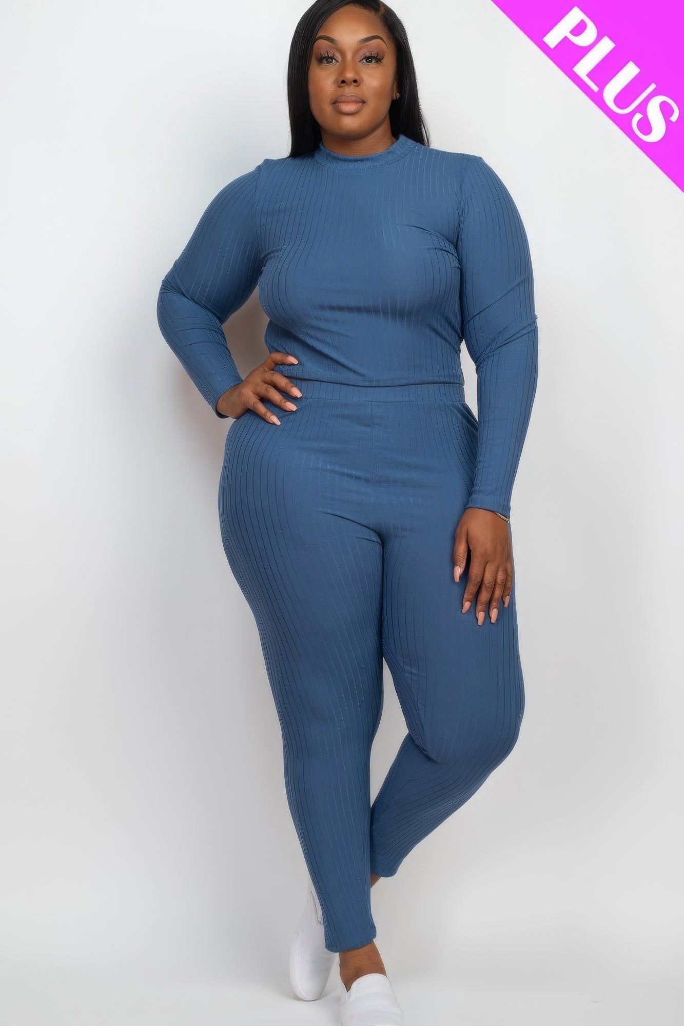 Plus size ribbed mock neck long sleeve top and leggings set in blue, featuring high-stretch knit fabric for comfort and style.