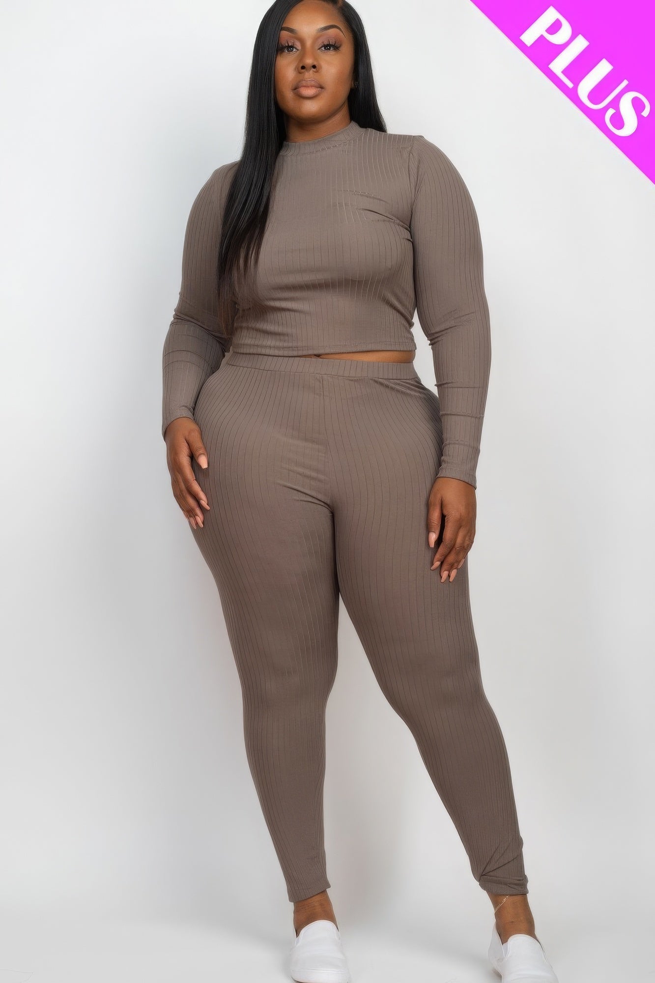 Plus size ribbed mock neck long sleeve top and leggings set in high-stretch fabric, shown in taupe color.