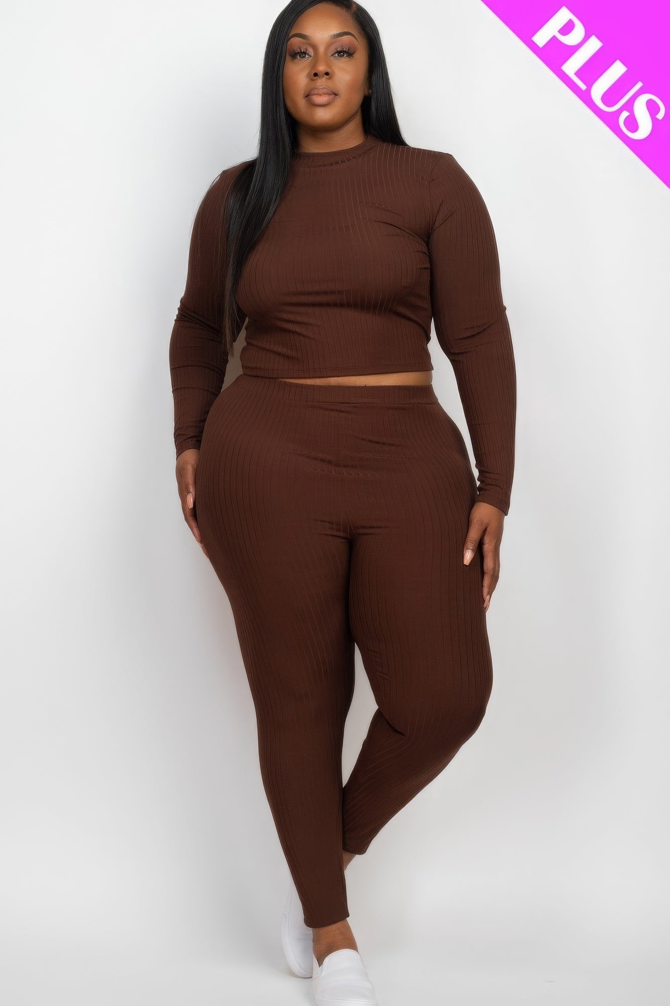 Plus size ribbed mock neck long sleeve top and leggings set in brown, featuring soft high-stretch knit fabric for comfort and style.