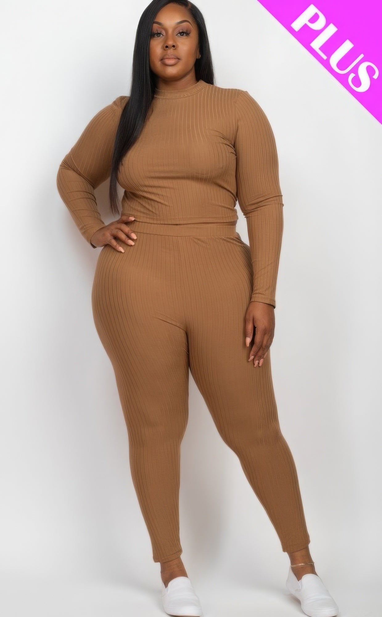 Plus size ribbed mock neck long sleeve top and leggings set in camel color, showcasing a stylish and comfortable fit.