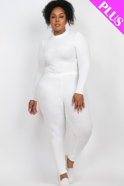 Plus size woman wearing white ribbed mock neck long sleeve top and leggings set, showcasing comfortable high-stretch fabric.