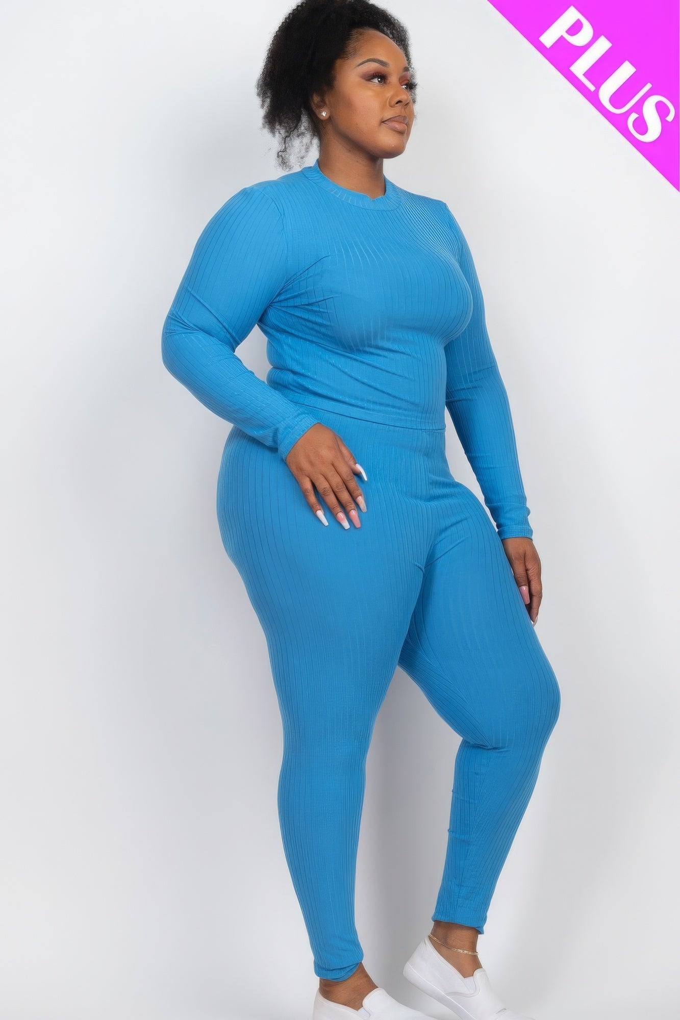 Plus size blue ribbed mock neck long sleeve top and leggings set showcasing high-stretch comfort and style.