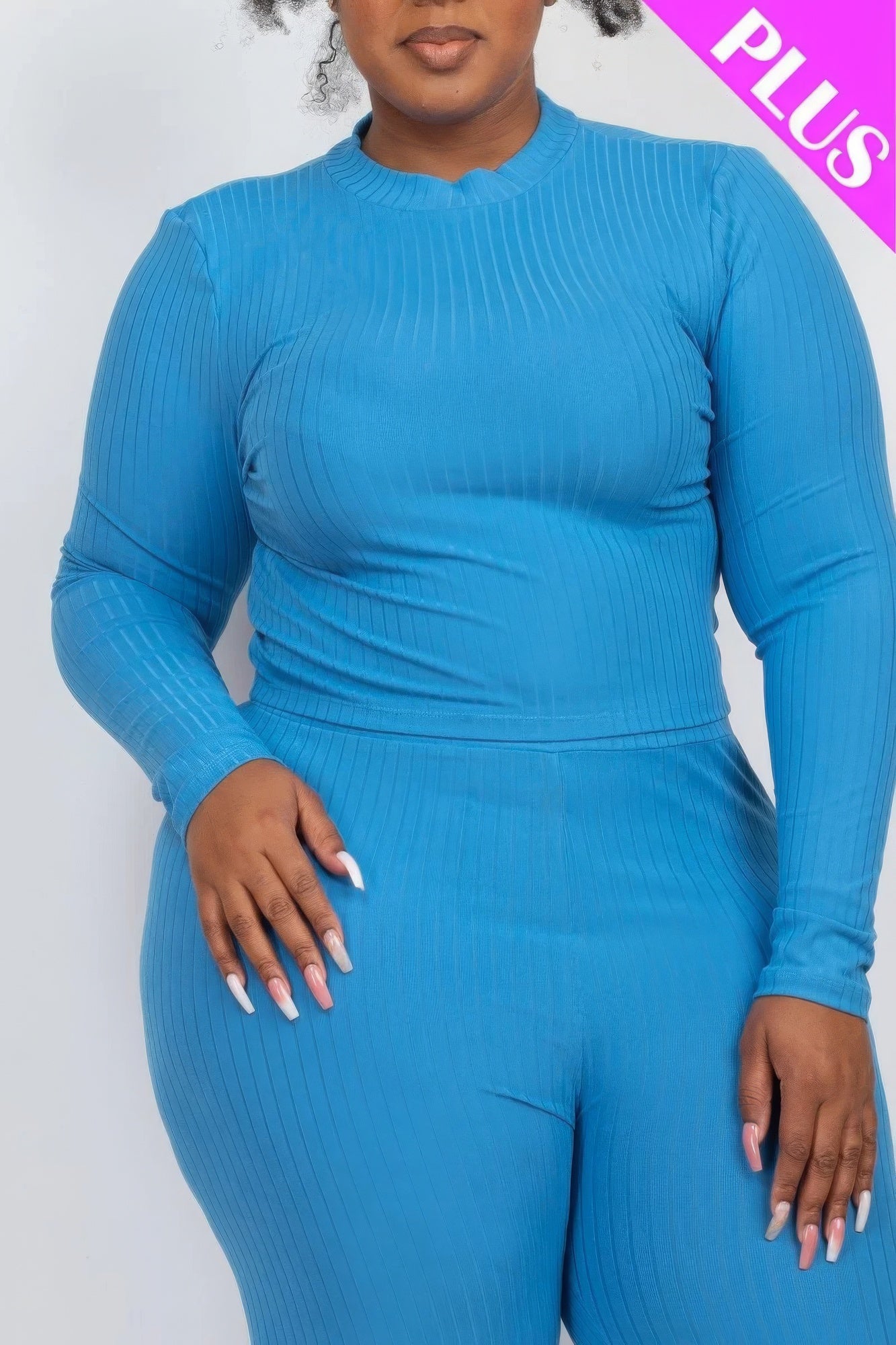 Plus size ribbed mock neck long sleeve top and leggings set in blue, showcasing soft high-stretch knit fabric for comfort and style.