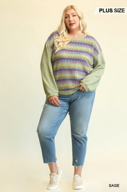 Novelty Knit And Solid Knit Mixed Loose Top With Drop Down Shoulder