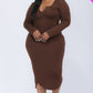 Plus Size Split Neck Long Sleeve Midi Dress