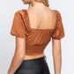 Short Slv Shirring Satin Crop Top