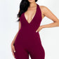 Casual Solid Halter V Neck Ribbed Bodycon Romper