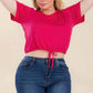 Plus Size Tie Front Drawstring Short Sleeve Crop Top