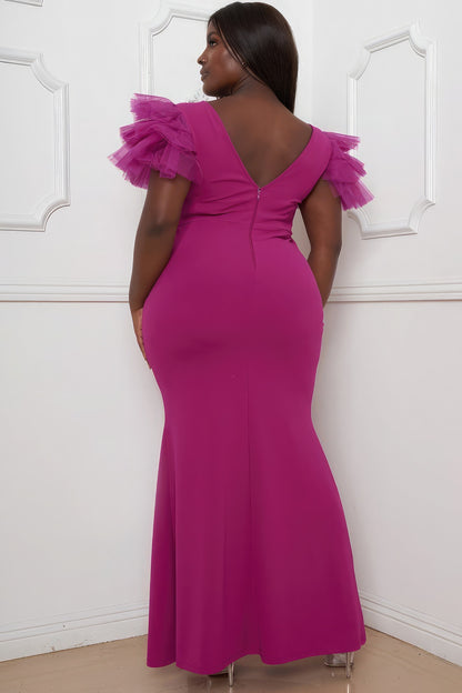 Plus Size Maxi Dress with Mesh Tulle Shoulders by Love It Clothing, magenta color, featuring a zipper back and elegant design.