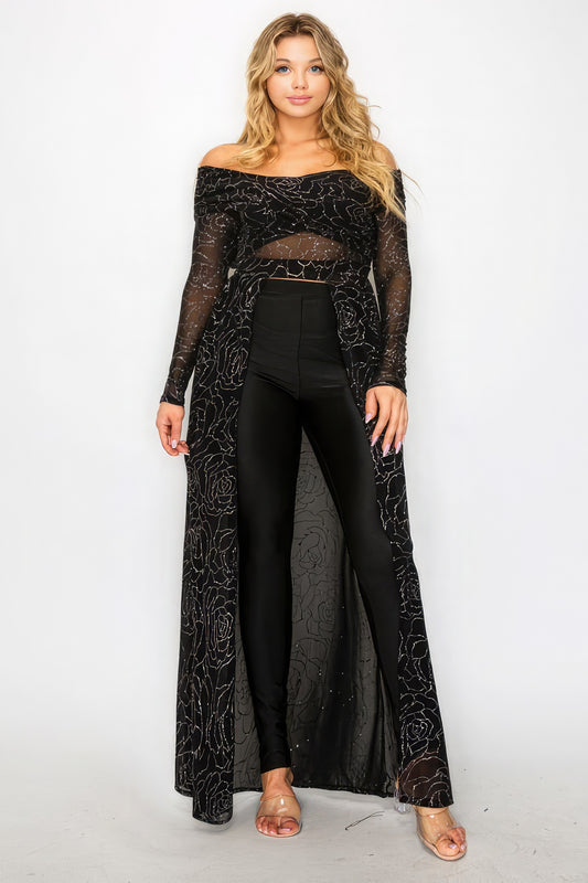 Plus Mesh Glitter See-through -cross Shoulder Wrap Maxi Dress