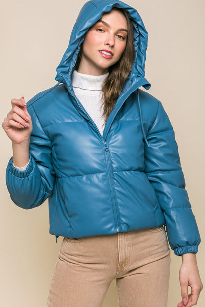 Pu Faux Leather Zipper Hooded Puffer Jacket