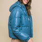 Pu Faux Leather Zipper Hooded Puffer Jacket