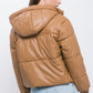 Pu Faux Leather Zipper Hooded Puffer Jacket