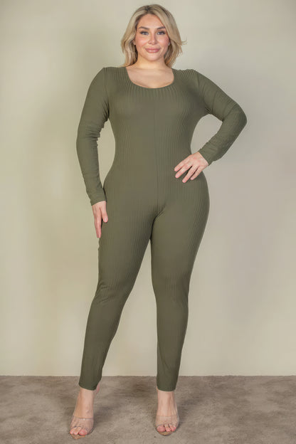 Plus Size Ribbed Scoop Neck Long Sleeve Jumpsuit in olive green from Loveitclothing.com, showcasing comfortable, stretchy fabric.