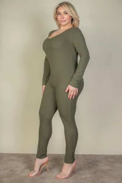 Plus Size Ribbed Scoop Neck Long Sleeve Jumpsuit in olive green by Loveitclothing.com showcasing comfort and style.