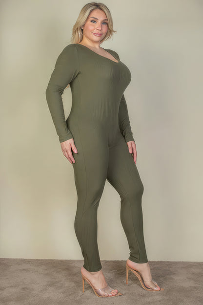 Plus Size Ribbed Scoop Neck Long Sleeve Jumpsuit in Olive Green from Loveitclothing.com, showcasing fashion and comfort.