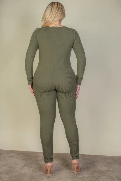 Plus Size Ribbed Scoop Neck Long Sleeve Jumpsuit in green from Loveitclothing.com, showcasing back view and comfortable fit.