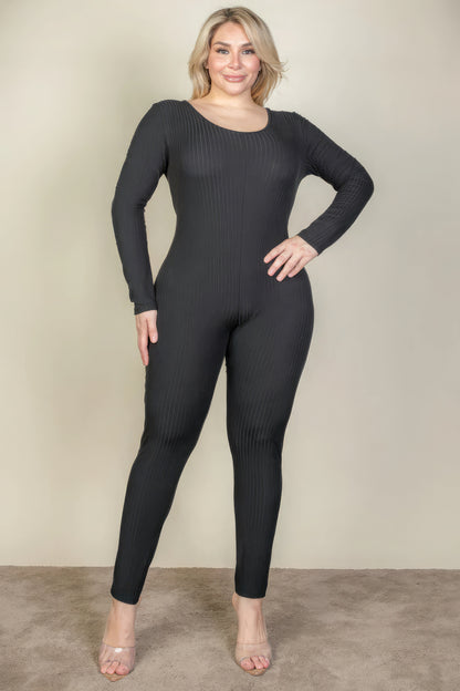 Plus size ribbed scoop neck long sleeve jumpsuit in black from Loveitclothing.com, showcasing soft, stretchy fabric for ultimate comfort.