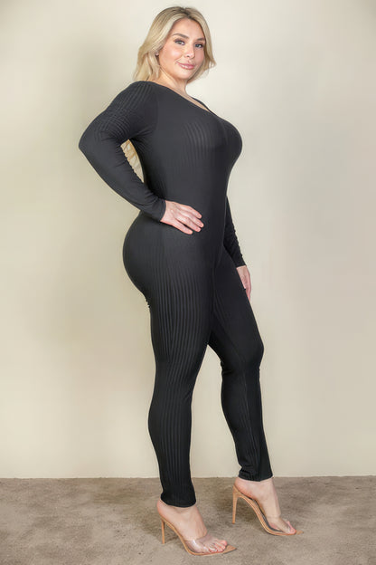 Plus Size Ribbed Scoop Neck Long Sleeve Jumpsuit in black, available at Loveitclothing.com, showcasing comfort and style.