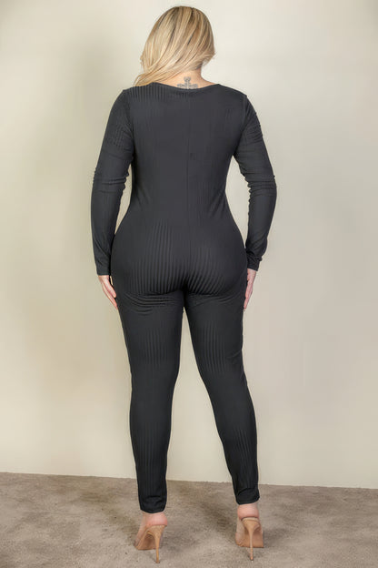 Plus Size Ribbed Scoop Neck Long Sleeve Jumpsuit in black, back view, Loveitclothing.com