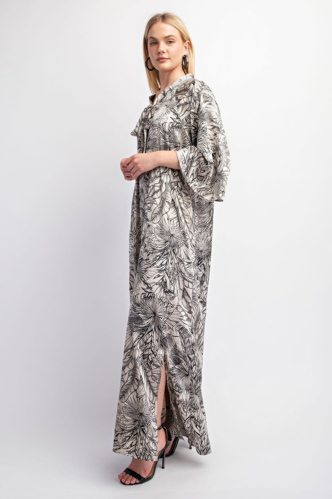 Elegant Print Satin Maxi Dress With Tie Neck