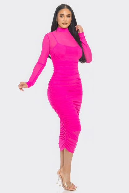 Solid Mesh Ruched Midi Dress