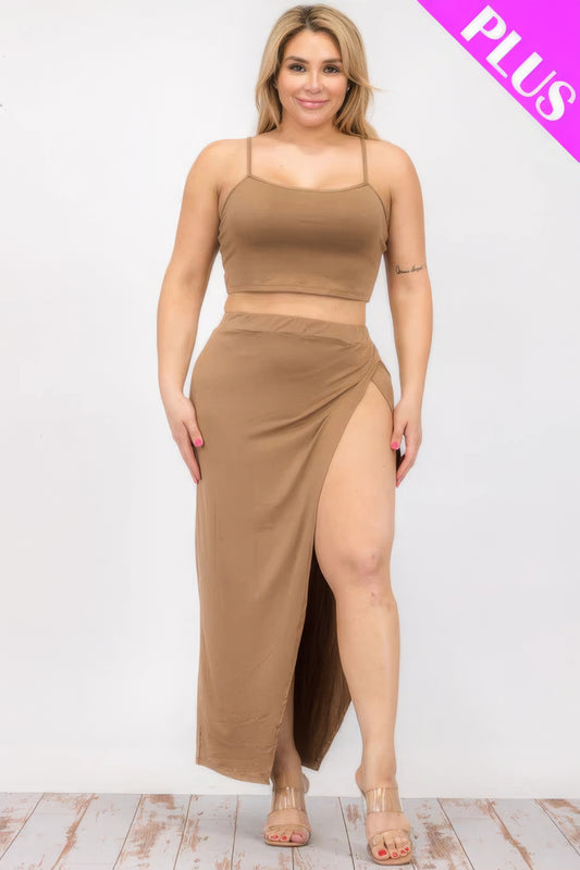 Plus size crop cami and split thigh maxi skirt set in brown, showcasing stylish and comfortable fashion for women.