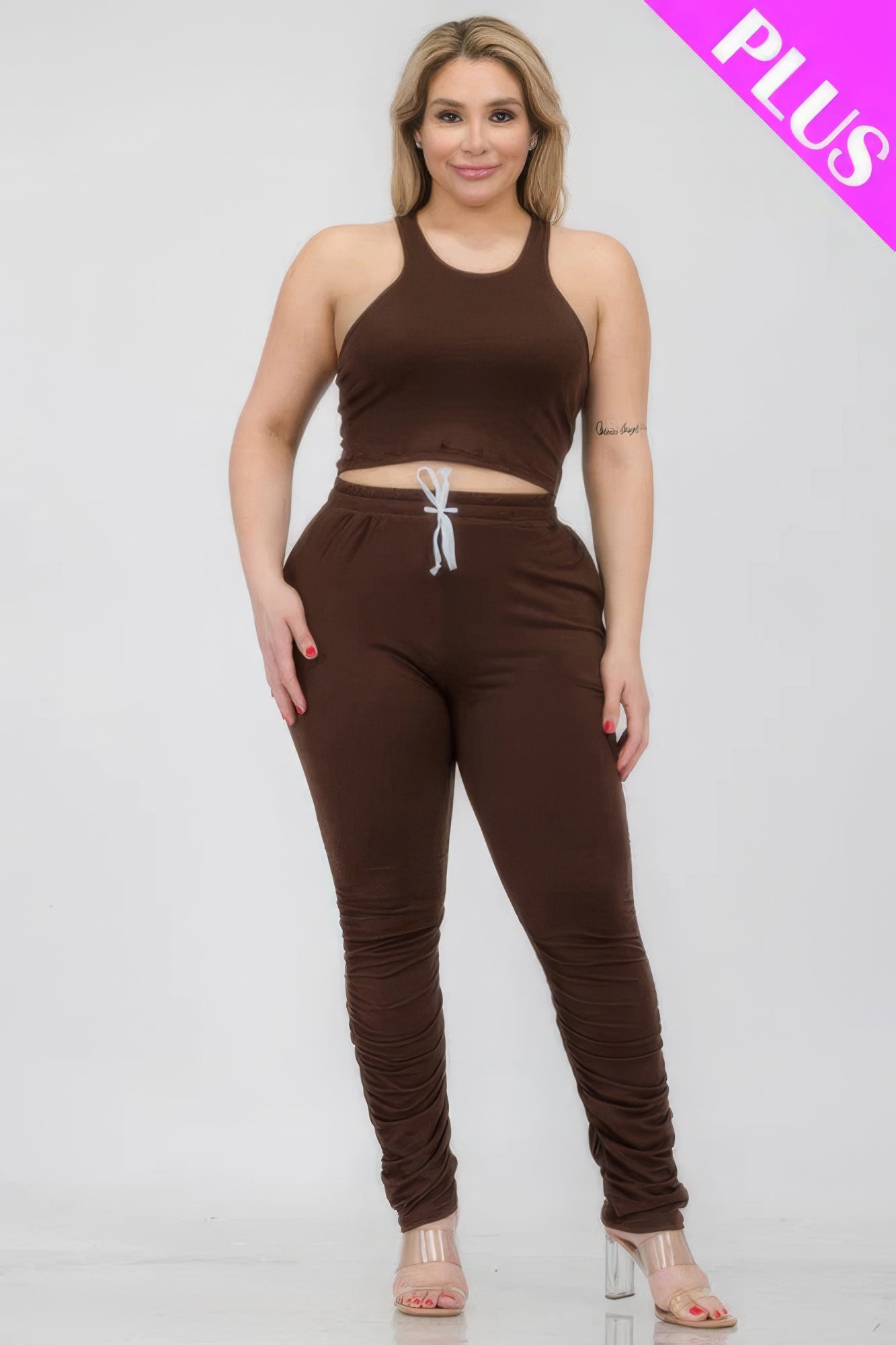 Plus Size Crop Tank Top and Ruched Pants Set in Brown