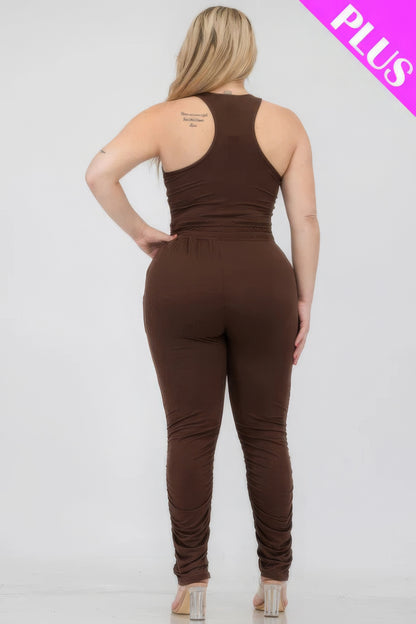 Plus size crop tank top and ruched pants set in brown, back view, showcasing comfortable fit and stylish design.