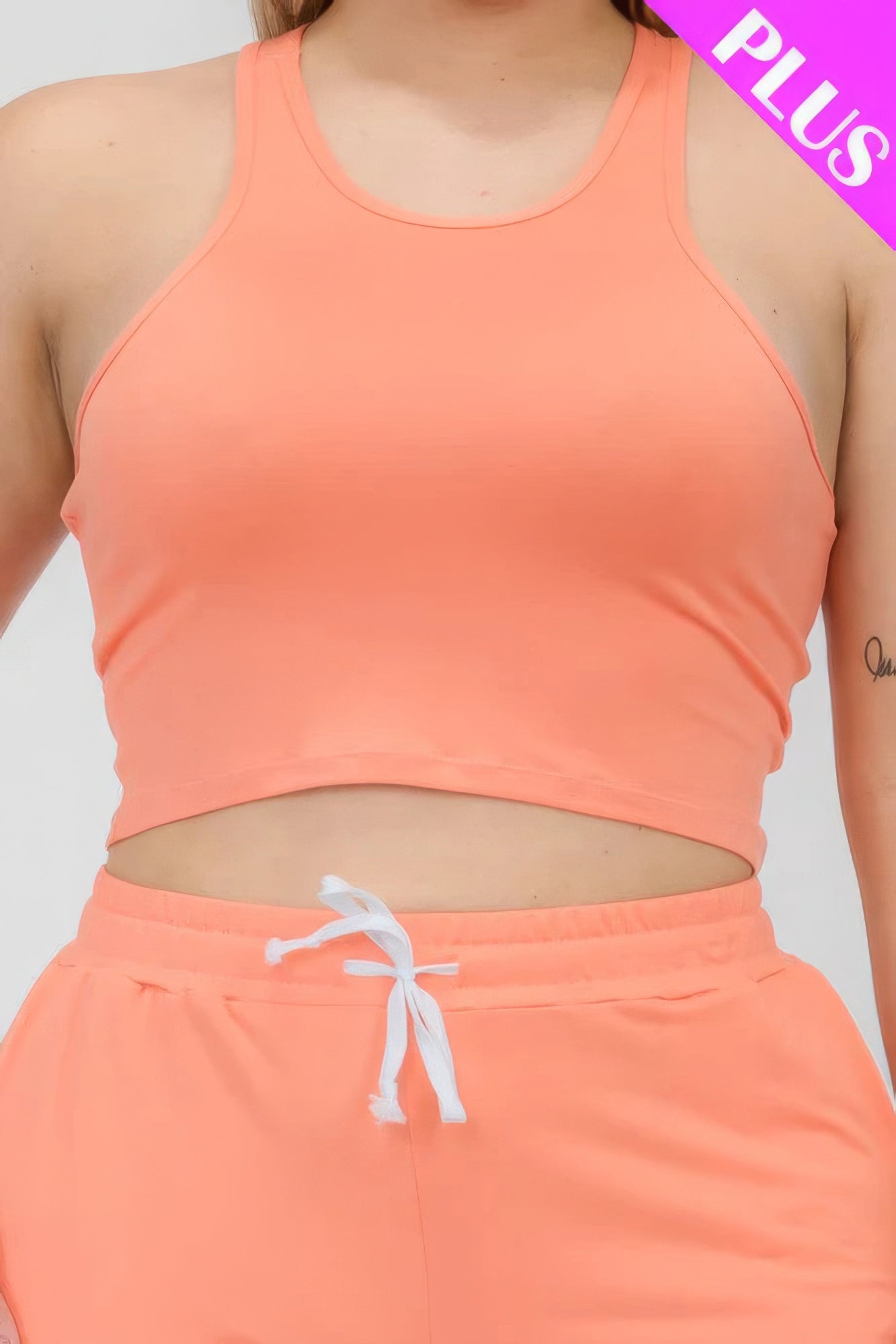 Plus Size Crop Tank Top & Ruched Pants Set in Peach, Featuring Comfortable Polyester-Spandex Blend, Enhancing Style and Fit