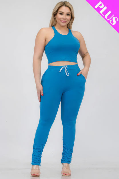 Plus Size Blue Crop Tank Top and Ruched Pants Set – Stylish and Comfortable Ensemble