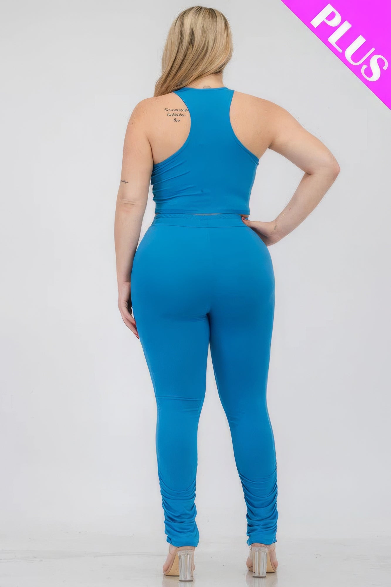 Plus Size Crop Tank Top & Ruched Pants Set in blue, back view showcasing stretchy fit and style.