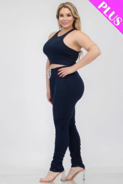 Plus Size Crop Tank Top and Ruched Pants Set in navy, showcasing a comfortable and stylish ensemble perfect for any occasion.