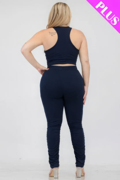 Plus size crop tank top and ruched pants set in navy, featuring a comfortable fit with high-quality polyester-spandex fabric.