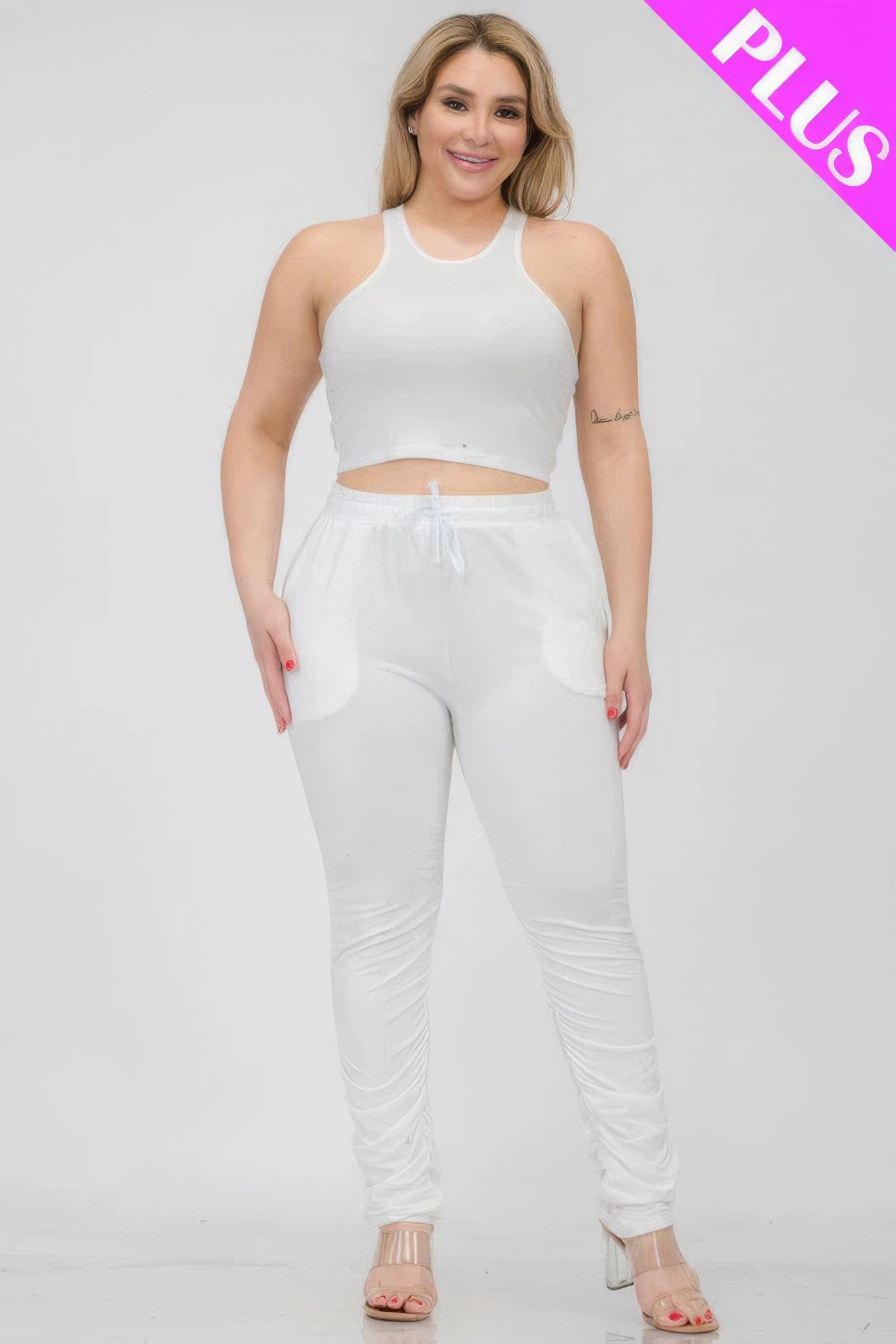 Plus Size Crop Tank Top and Ruched Pants Set in white for stylish comfort