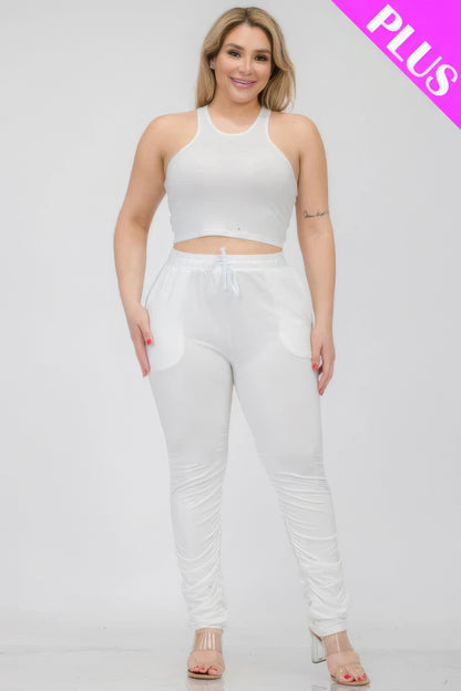 Plus Size Crop Tank Top and Ruched Pants Set in white for stylish comfort