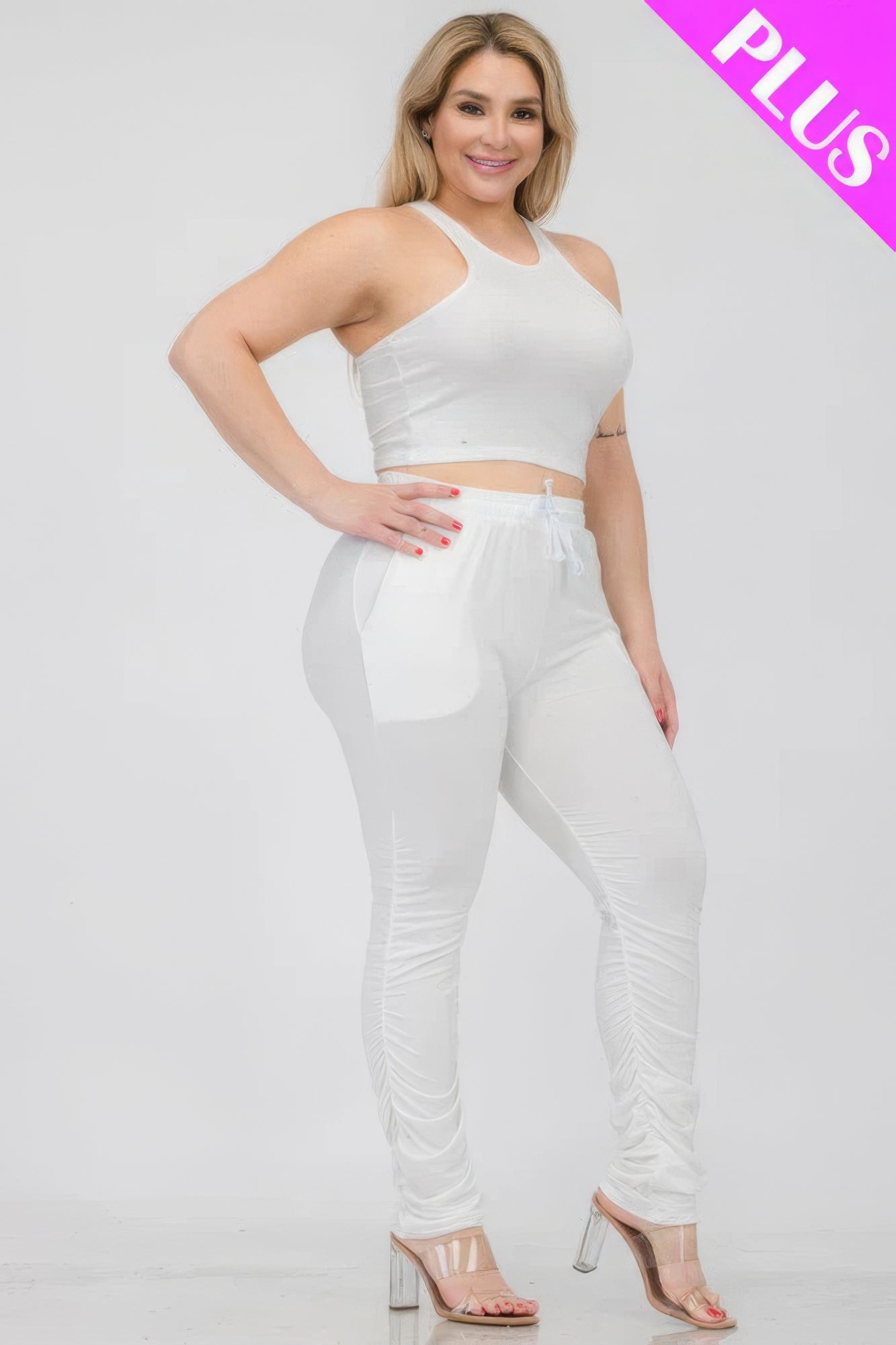 Plus Size Crop Tank Top & Ruched Pants Set in white, featuring a comfortable and stylish fit, perfect for versatile wear.