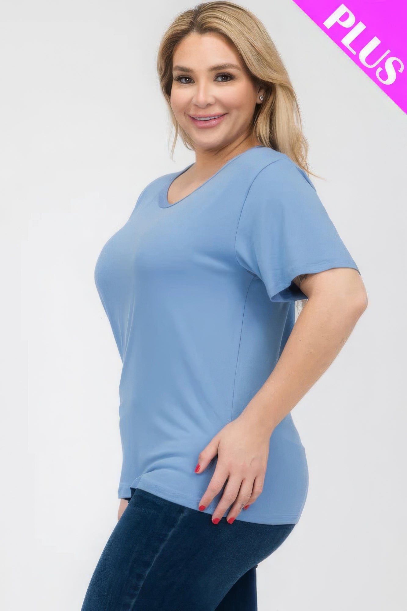 Plus size short sleeve T-shirt in soft blue, designed for comfort and style at Loveitclothing.com.