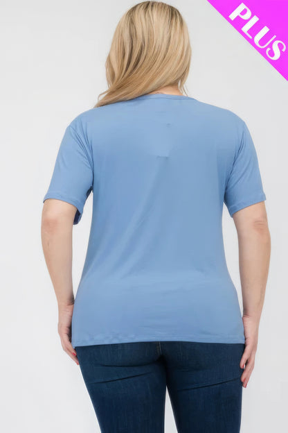 Plus size woman wearing a relaxed fit basic short sleeve t-shirt in blue, showcasing a comfortable back design. Loveitclothing.com.