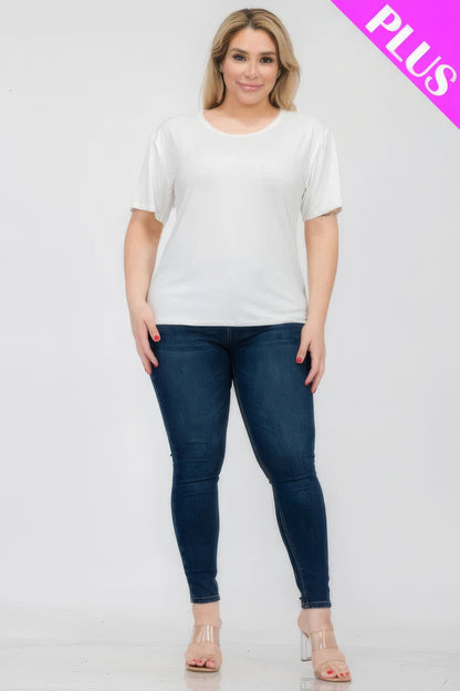 Plus Size Basic Short Sleeve T-shirt in white, styled with dark jeans, perfect for comfort and versatility from Loveitclothing.com.