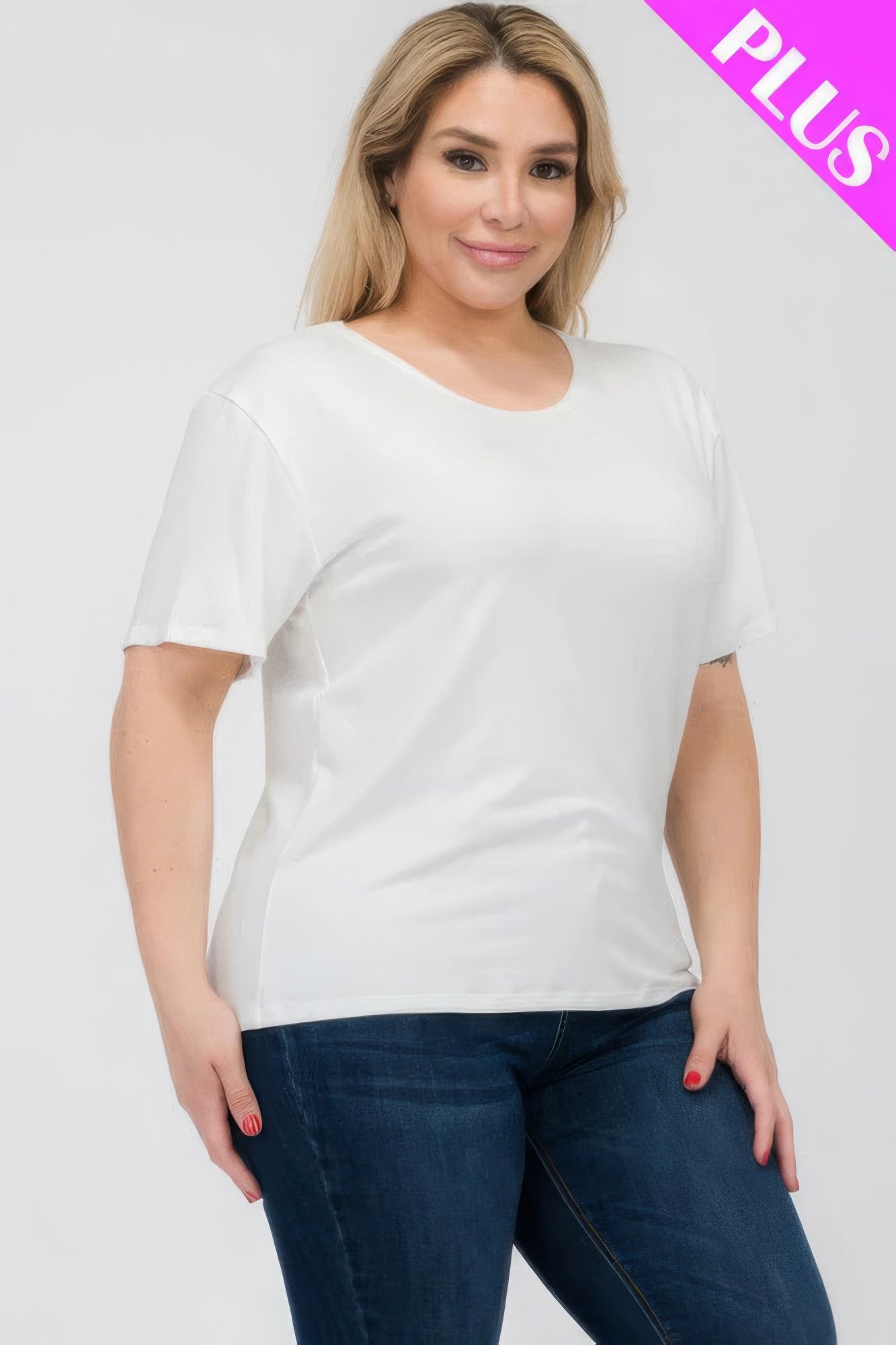 Plus size short sleeve T-shirt in white, designed for comfort and style, available at Loveitclothing.com.