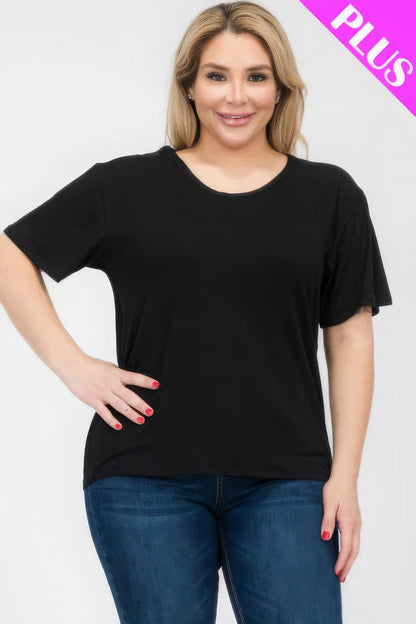 Plus size basic short sleeve black t-shirt model wearing stylish jeans from Loveitclothing.com.