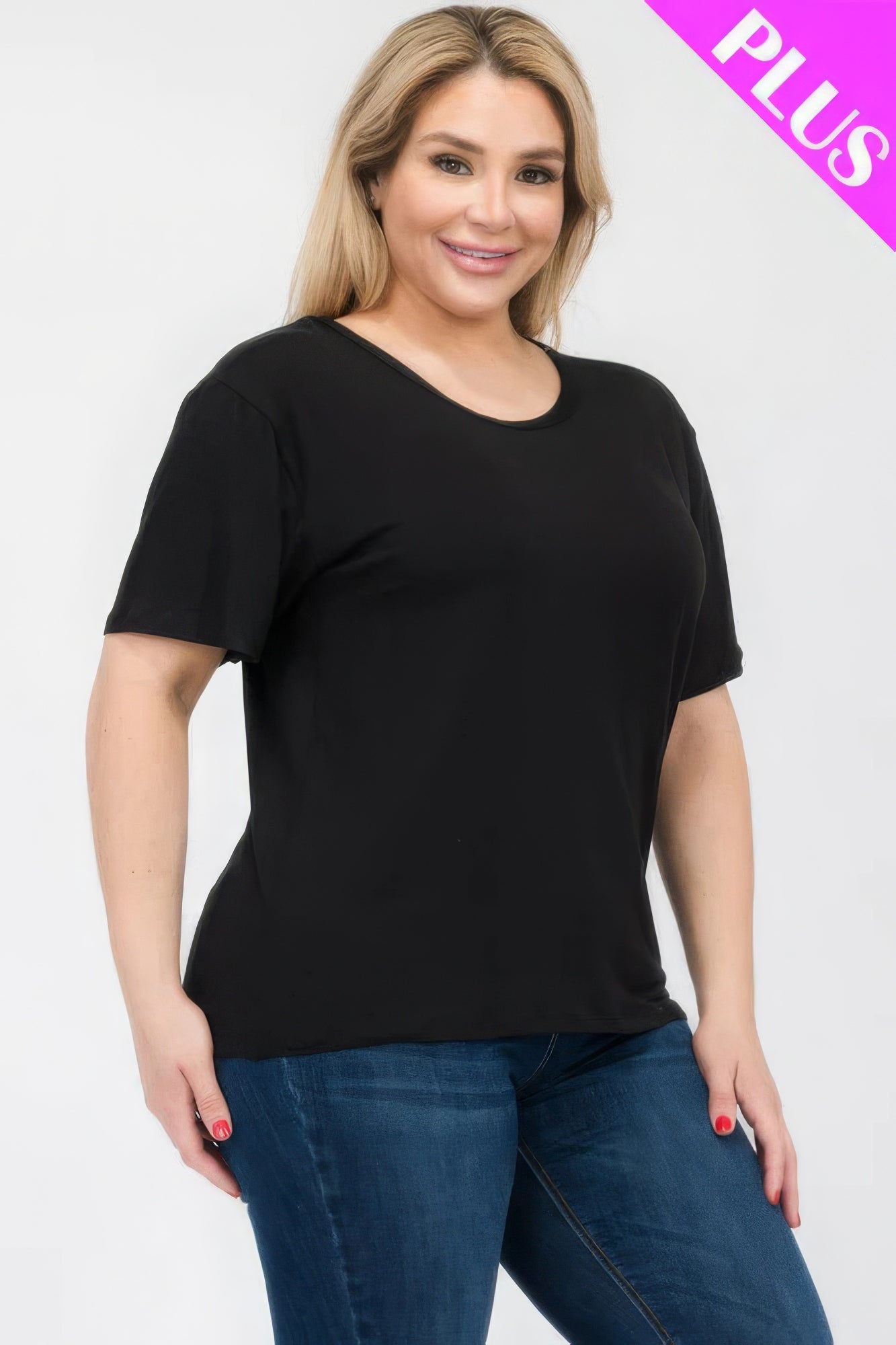 Plus size black short sleeve T-shirt model wearing comfortable, stretchy fabric from Loveitclothing.com.