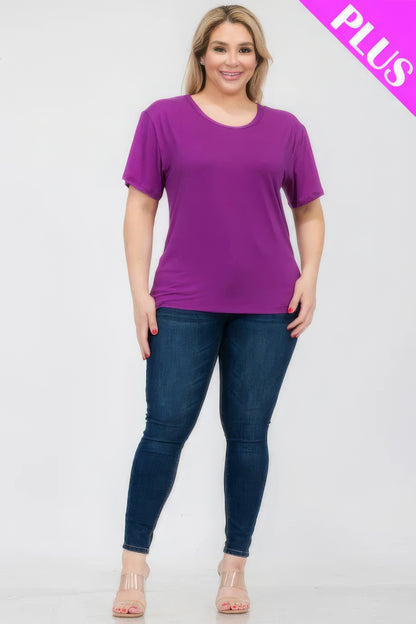 Plus Size Basic Short Sleeve T-shirt in purple worn with jeans, comfortable and stylish from Loveitclothing.com.