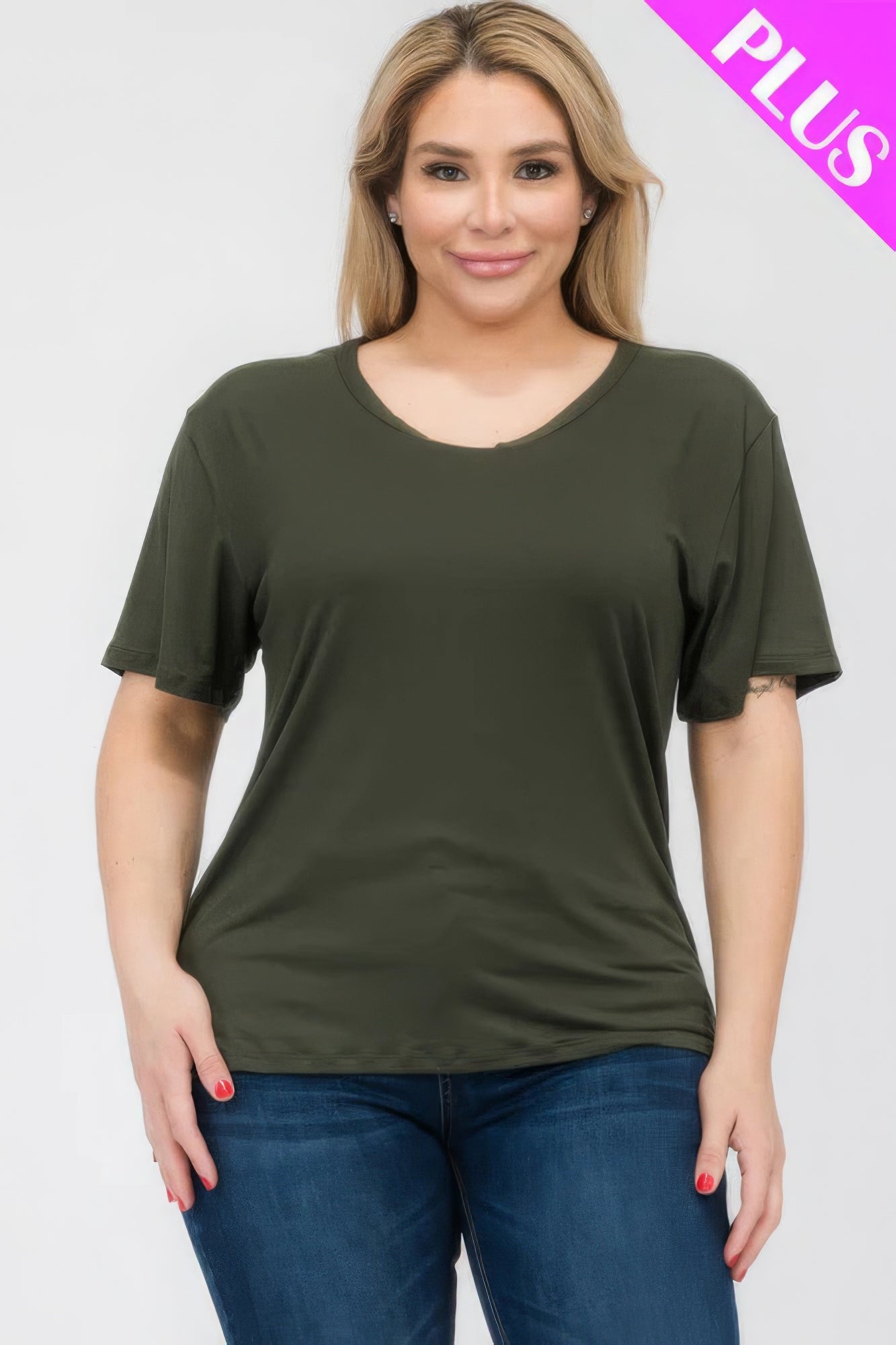 Plus Size Basic Short Sleeve T-shirt in olive green, featuring a relaxed fit for comfort, available at Loveitclothing.com.