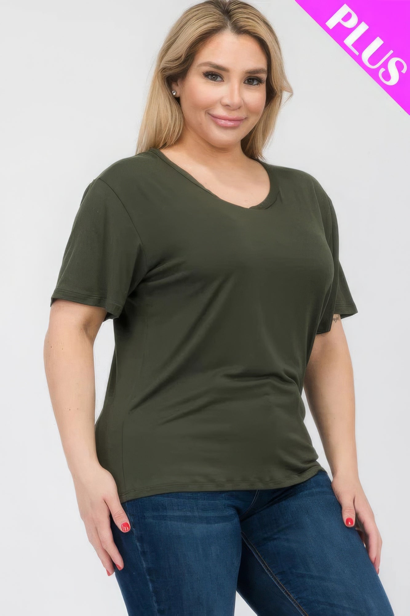 Plus size basic short sleeve t-shirt in olive green, soft and stylish for everyday wear at loveitclothing.com.