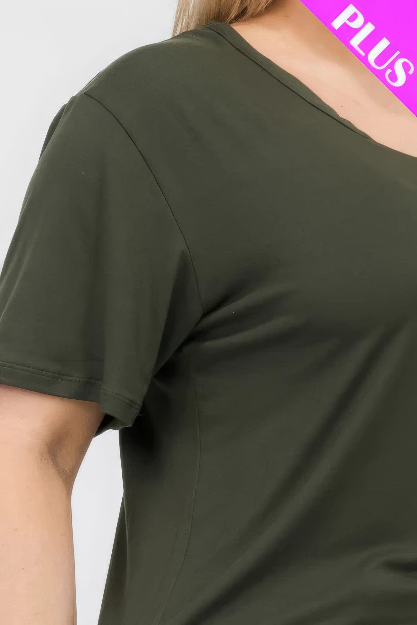 Plus size basic short sleeve T-shirt in olive green, showcasing soft fabric and relaxed fit from Loveitclothing.com.